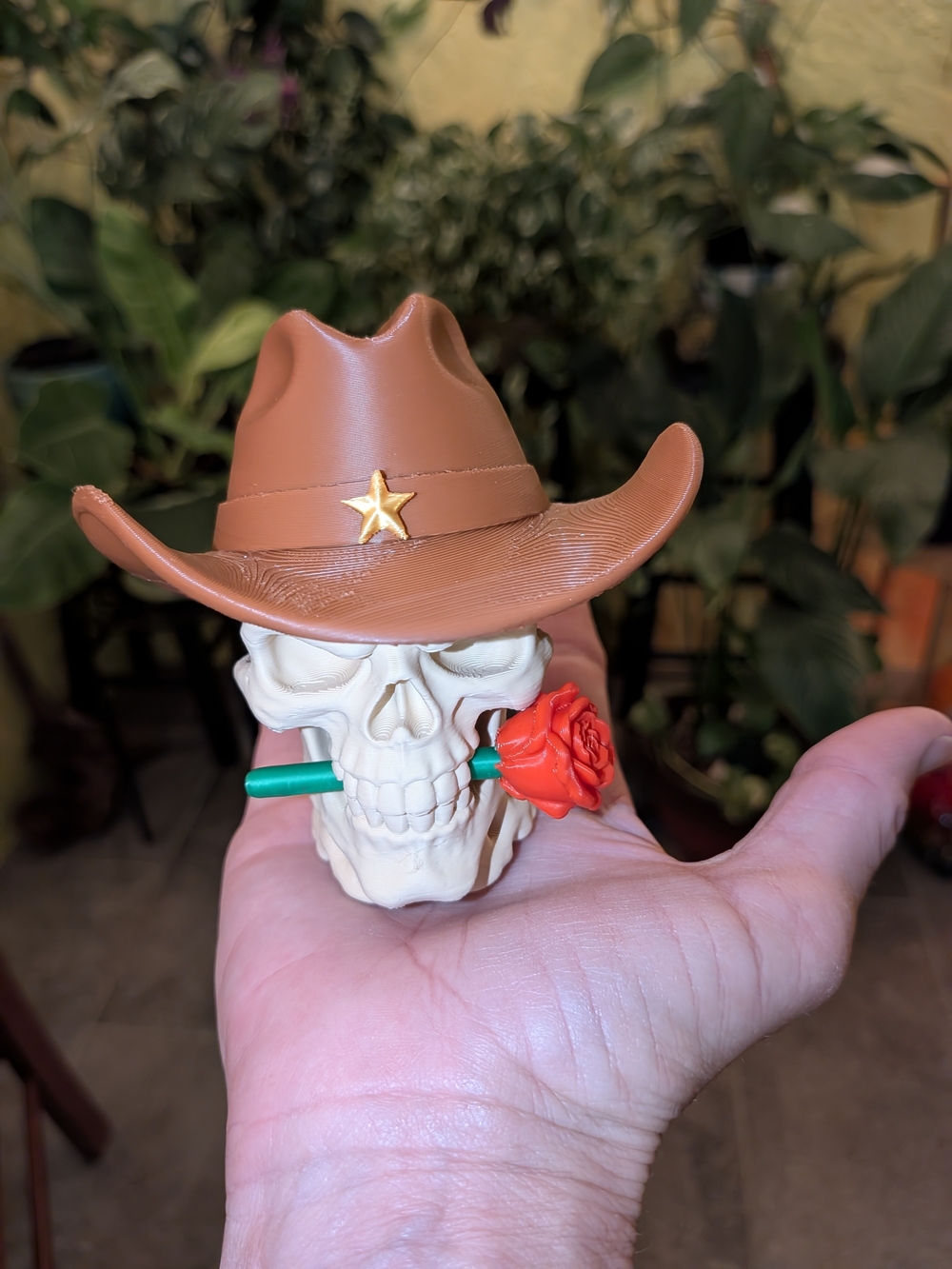 3D Printed Cowboy Skull with Rose Western Gothic Decor.